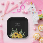 黒モダンフローラひまわり結婚の ペーパープレート (パーティー)