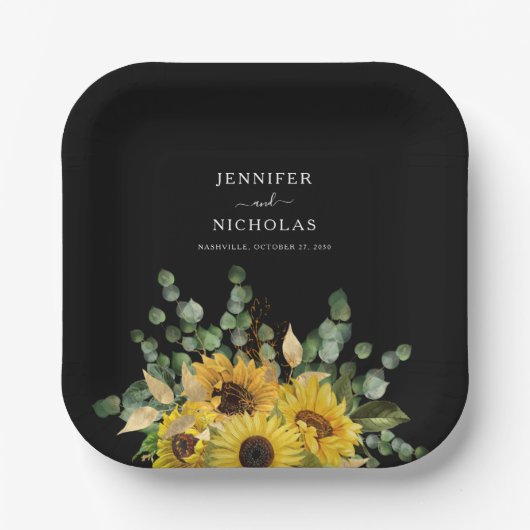 黒モダンフローラひまわり結婚の ペーパープレート (正面)