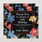 黒モダンフローラカラフル60th誕生日パーティー サンキューカード (正面/裏面)