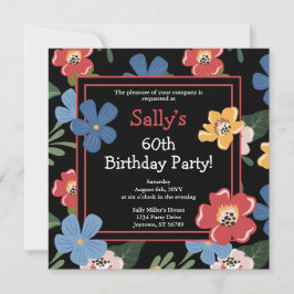 黒モダンフローラカラフル60th誕生日パーティー 招待状