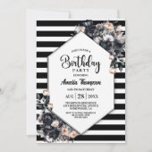 黒モダンフローラストライプの誕生会 招待状 (正面)
