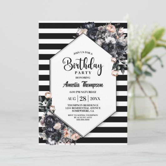 黒モダンフローラストライプの誕生会 招待状 (スタンド正面)
