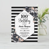 黒モダンフローラストライプの100th誕生日パーティー 招待状 (スタンド正面)