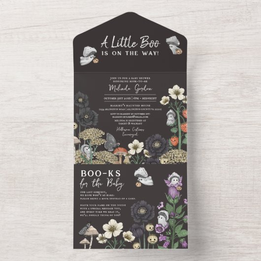 黒モダンフローラ幽霊ハロウィーンベイビーシャワー オールインワン招待状 (内側)