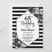 黒モダンフローラ65ストライプのth誕生日パーティー 招待状 (正面)