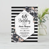 黒モダンフローラ65ストライプのth誕生日パーティー 招待状 (スタンド正面)