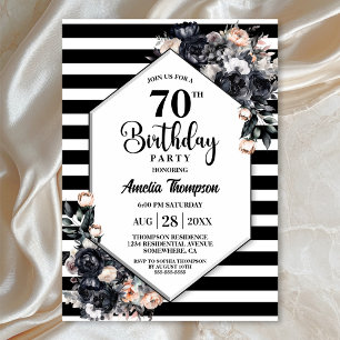 黒モダンフローラ70ストライプのth誕生日パーティー 招待状