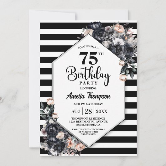 黒モダンフローラ75ストライプのth誕生日パーティー 招待状 (正面)