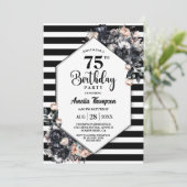 黒モダンフローラ75ストライプのth誕生日パーティー 招待状 (スタンド正面)