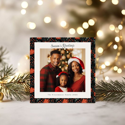 黒モダンポインセチア写真クリスマス カード