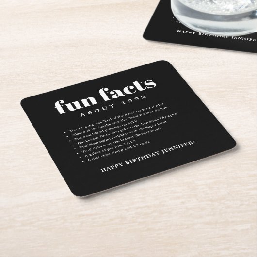 黒モダンミニマルおもしろい・ファクト誕生日年 スクエアペーパーコースター (アングル)