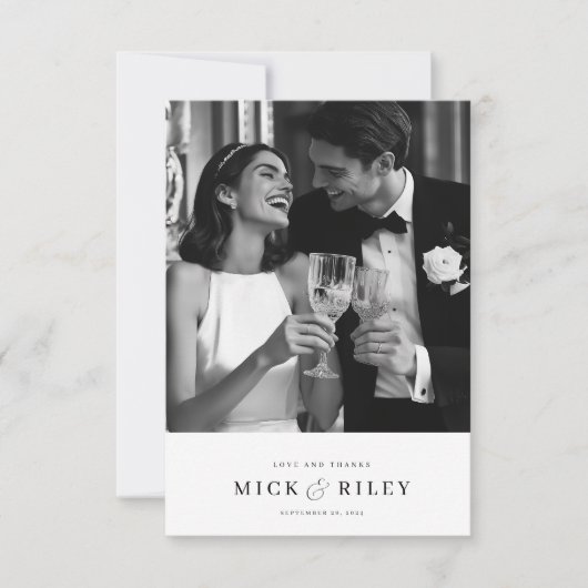 黒モダンミニマルと白のスクリプ結婚ト サンキューカード (正面)