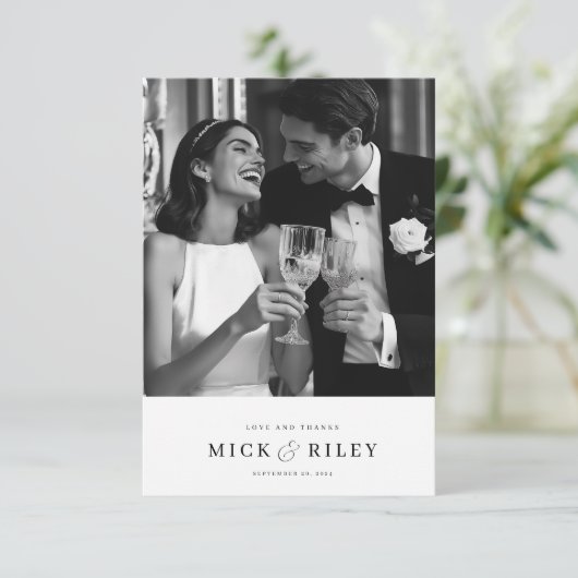 黒モダンミニマルと白のスクリプ結婚ト サンキューカード (スタンド正面)