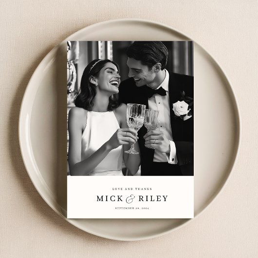 黒モダンミニマルと白のスクリプ結婚ト サンキューカード