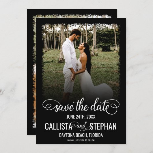 黒モダンミニマルタイポグラフィ写真結婚の セーブザデート (正面/裏面)