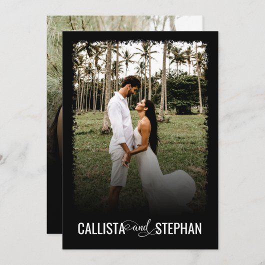 黒モダンミニマルタイポグラフィ写真結婚の 招待状 (正面/裏面)