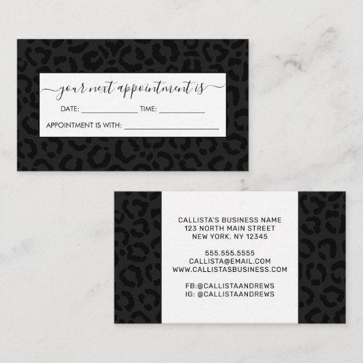 黒モダンミニマルヒョウ印刷 予約カード (正面/裏面)