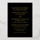 黒モダンミニマル字と金ゴールド書結婚の 箔招待状 (正面)