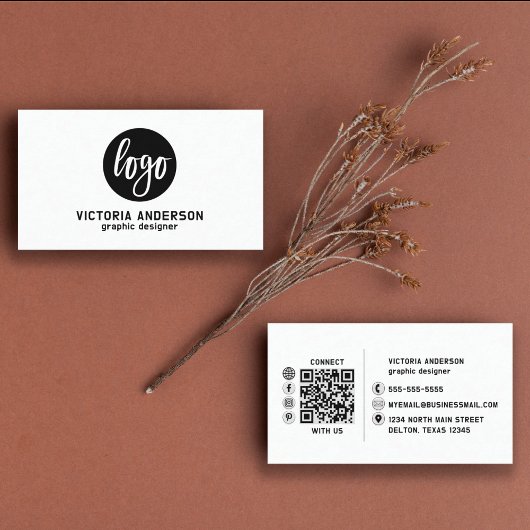 黒モダンミニマル白ロゴQRコード 名刺