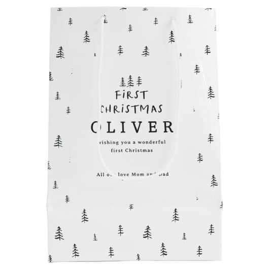 黒モダンミニマル白初めてのクリスマス ミディアムペーパーバッグ (裏面)