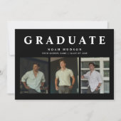 黒モダンミニマル白3枚の写真卒業 招待状 (正面)