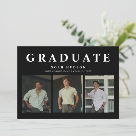 黒モダンミニマル白3枚の写真卒業 招待状 (スタンド正面)