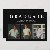 黒モダンミニマル白3枚の写真卒業 招待状 (正面/裏面)