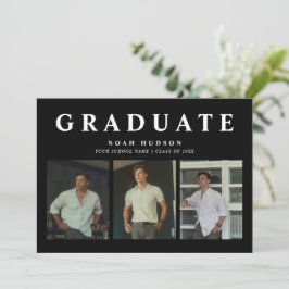 黒モダンミニマル白3枚の写真卒業 招待状