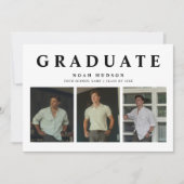 黒モダンミニマル白3枚の写真卒業 招待状 (正面)