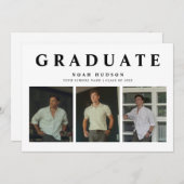 黒モダンミニマル白3枚の写真卒業 招待状 (正面/裏面)