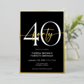 黒モダンミニマル金ゴールドスクリプト誕生日 箔招待状 (立ち正面)