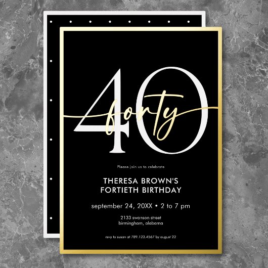 黒モダンミニマル金ゴールドスクリプト誕生日 箔招待状