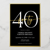 黒モダンミニマル金ゴールド四十スクリプト誕生日 箔招待状 (正面)
