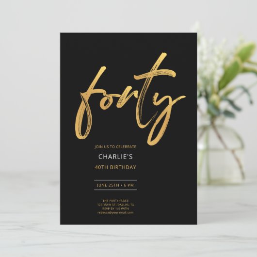 黒モダンミニマル金ゴールド40歳の誕生日 招待状 (スタンド正面)