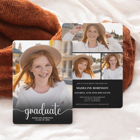 黒モダンミニマル4枚フォトスクリプト卒業 招待状