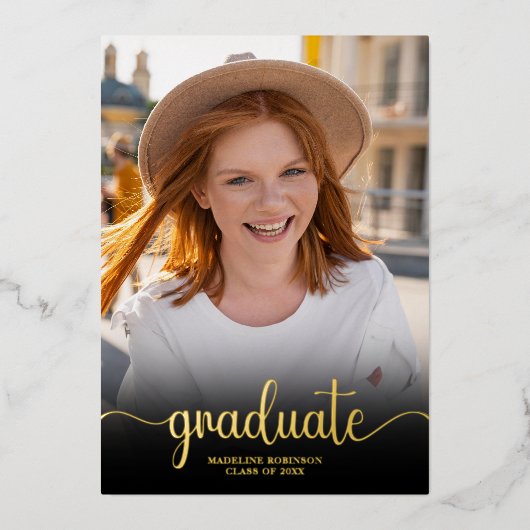 黒モダンミニマル4枚フォトスクリプト卒業 箔招待状 (正面)