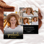 黒モダンミニマル4枚フォトスクリプト卒業 箔招待状