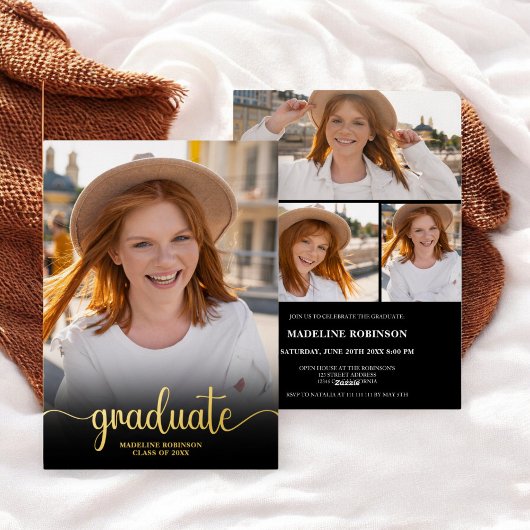 黒モダンミニマル4枚フォトスクリプト卒業 箔招待状