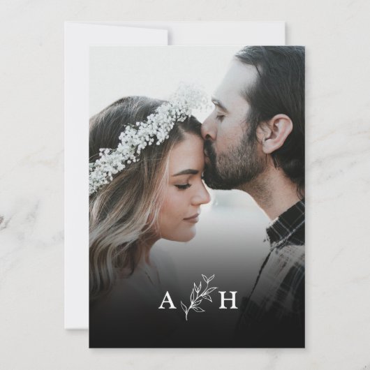 黒モダンモノグラエレガントムの葉の写真 招待状 (裏面)