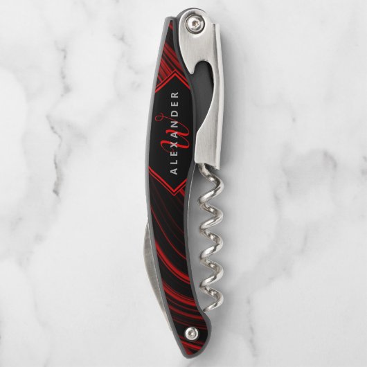 黒モダンモノグラムのと赤の抽象芸術パターン ソムリエナイフ (裏面)