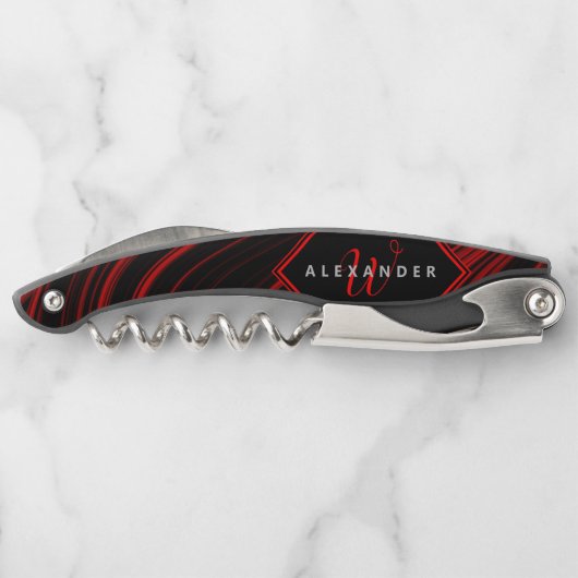 黒モダンモノグラムのと赤の抽象芸術パターン ソムリエナイフ (裏面)