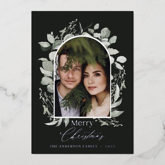 黒モダンユエレガントーカリ緑のアーチ写真 箔シーズンカード (正面)