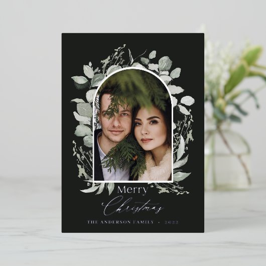 黒モダンユエレガントーカリ緑のアーチ写真 箔シーズンカード (立ち正面)