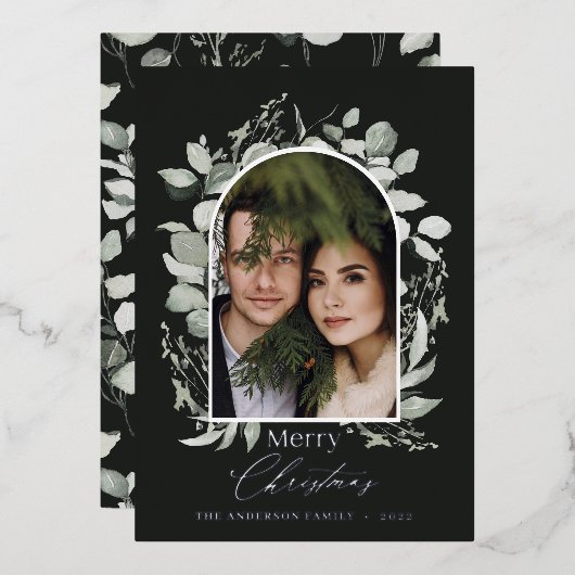 黒モダンユエレガントーカリ緑のアーチ写真 箔シーズンカード (正面/裏面)