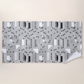 黒モダンレトロコンピュータ回路基板パターン ビーチタオル (正面)