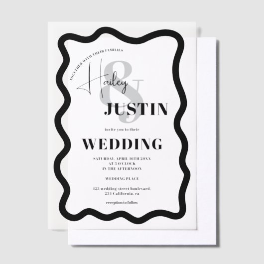 黒モダンレトロ波状フレームシック結婚ズ ベラム紙招待状 (オフセット)