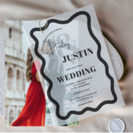 黒モダンレトロ波状フレームシック結婚ズ ベラム紙招待状