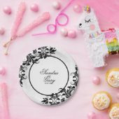 黒モダンレース白ダマスクパターン ペーパープレート (パーティー)