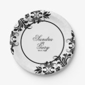 黒モダンレース白ダマスクパターン ペーパープレート (正面)