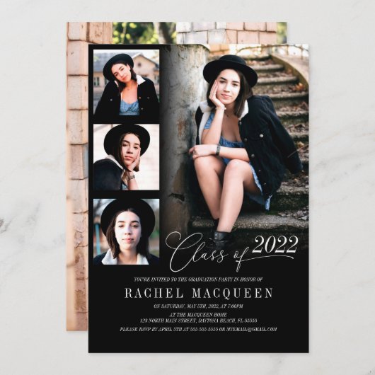 黒モダン五コラージュ卒業パーティー 招待状 (正面/裏面)